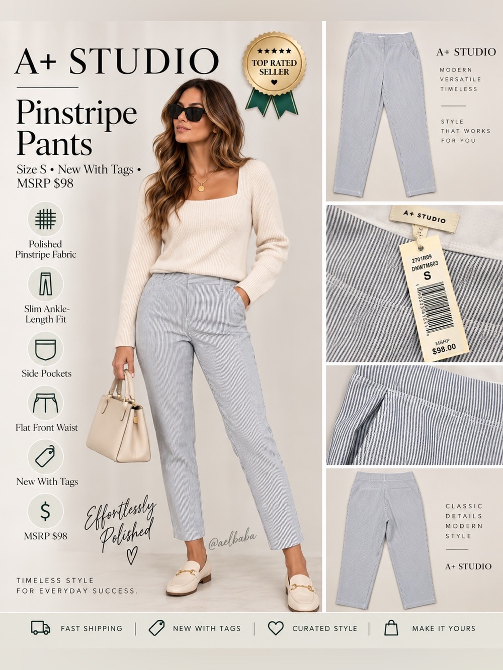 A+ Ankle-Length Ribbed Pants in Blue & White Pinstripe NWT MSRP98